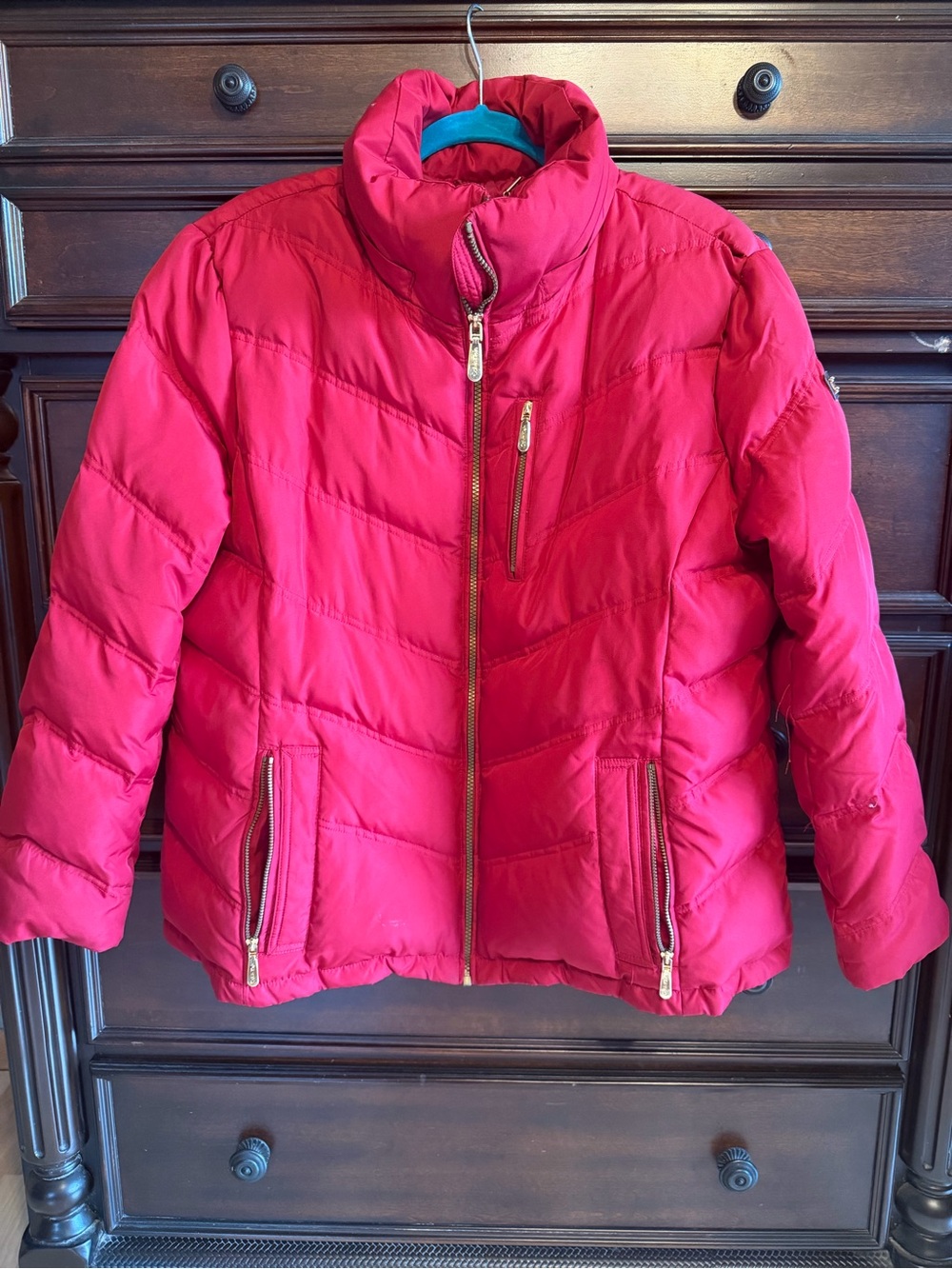 Women’s Calvin Klein Red Puffer Jacket with Gold Zippers